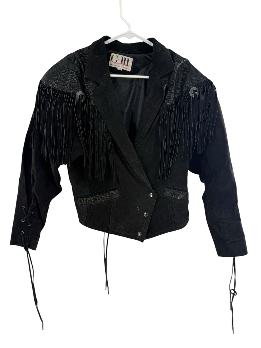 Vintage G-III Jacket Womens Medium Black Leather Fringe Western Biker Cropped